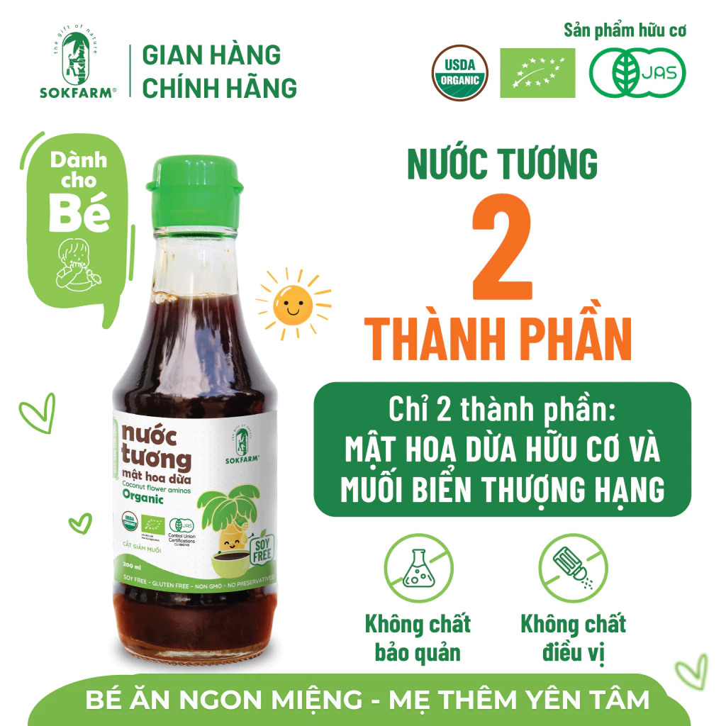 [CHO BÉ] Nước Tương Mật Hoa Dừa Hữu Cơ Sokfarm 200ML - Gia Vị Ít Muối Dành Cho Bé Từ Lúc Ăn Dặm