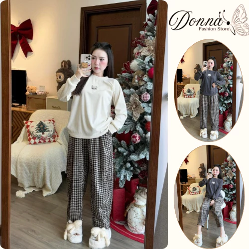 Set đồ nữ,đồ bộ nữ DONNA HCOM3561 thu đông áo form rộng in hình gấu trúc mix quần kẻ caro dáng suông