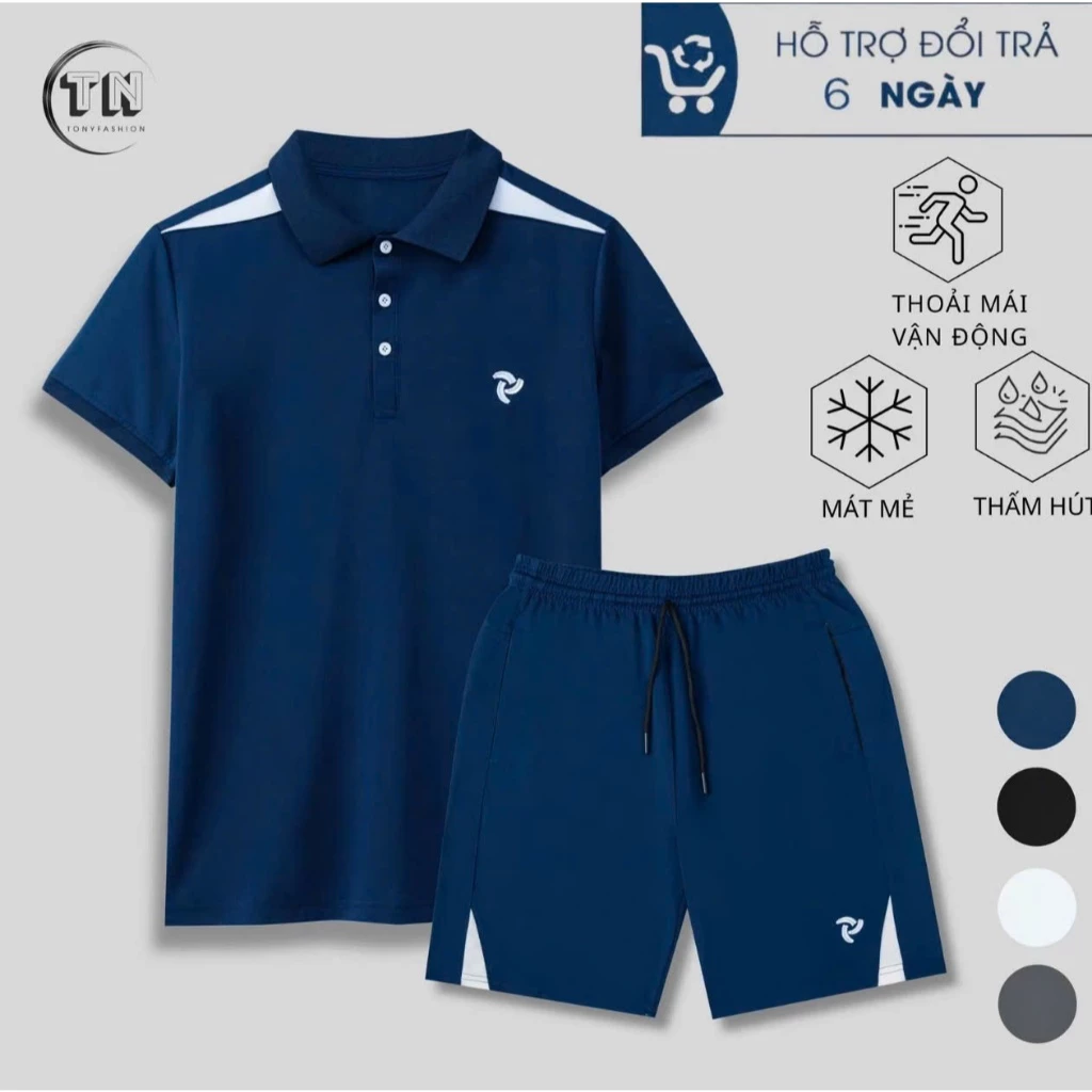Bộ quần áo nam nữ cao cấp- Phối vai logo thêu- Chất liệu poly cá sấu co giãn mát mẻ- trẻ trung- TONY FASHION
