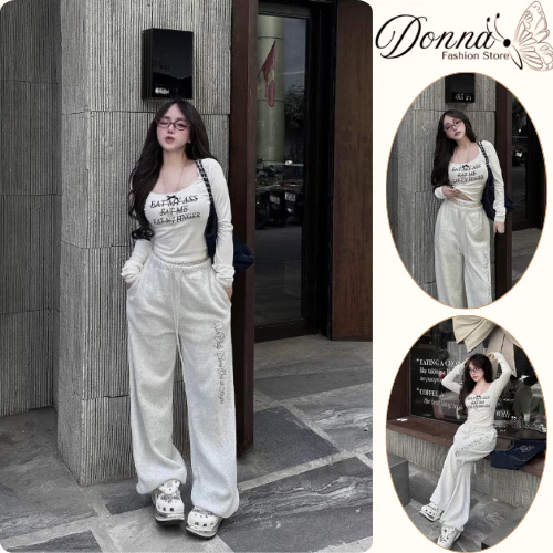 Set đồ nữ, đồ bộ nữ DONNA HCOM3592 áo thun cổ vuông mix quần nỉ dáng suông trẻ trung năng động