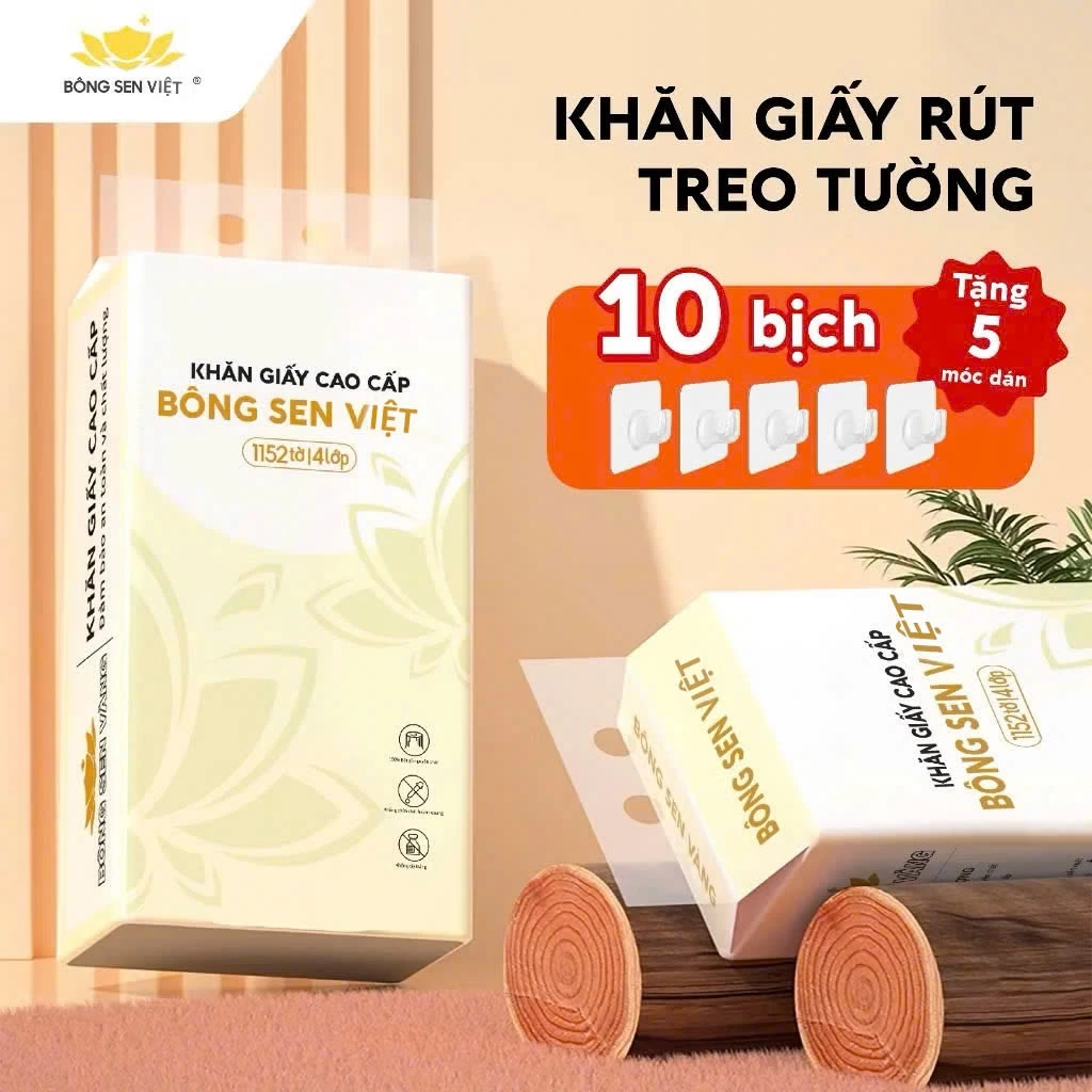 Thùng 10 bịch Khăn Giấy Rút Treo Tường Bông Sen Việt 1200Tờ, Tặng Kèm 4 Móc Treo Tường
