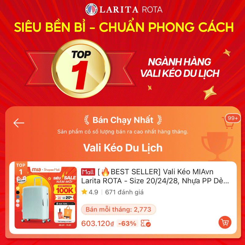 [🔥BEST SELLER] Vali Kéo MIAvn Larita ROTA - Size 20/24/28, Nhựa PP Dẻo Siêu Bền, Hạn Chế Bể Vỡ, Khoá TSA, BH Trọn Đời - Hình 2