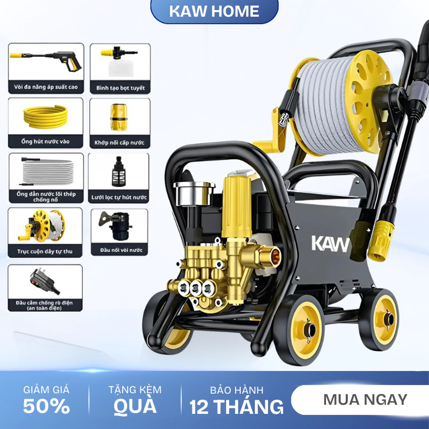 Máy rửa xe cao áp KAW 3000W – Công suất mạnh, phụ kiện đầy đủ, làm sạch nhanh