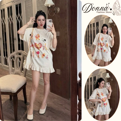 Váy nữ, đầm nữ DONNA HCOM26119 cổ tròn dáng suông viền bèo in hình gấu dễ thương