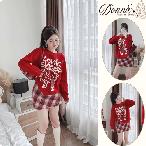 Set đồ nữ, đồ bộ nữ DONNA HCOM3642 áo nỉ bông in chữ mix chân váy kẻ caro đỏ siêu xinh