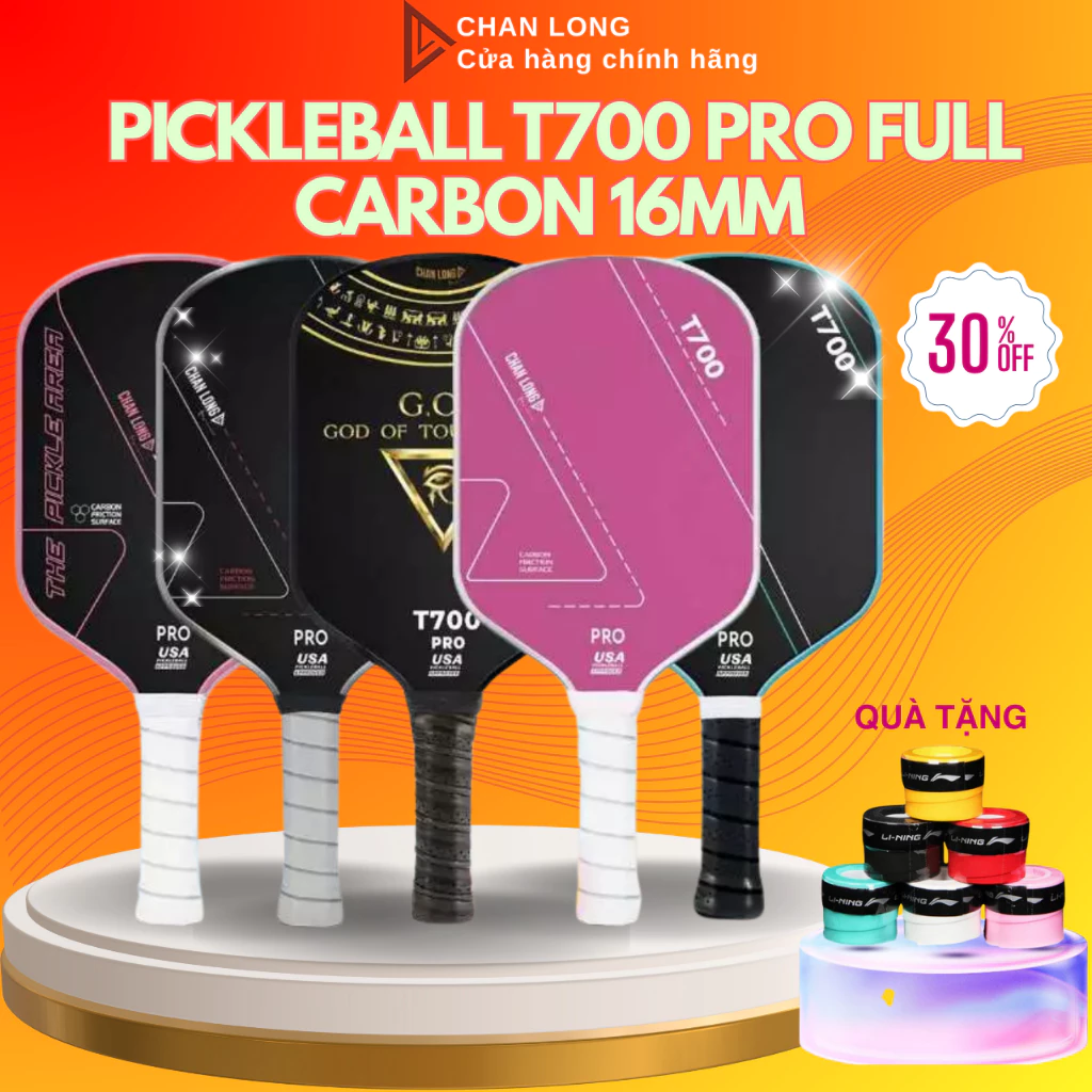 [TẶNG CUỐN CÁN] Vợt Pickleball T700 Pro Chính Hãng CHANLONG Full Carbon 16mm Mặt Nhám Cho Thi Đấu, Luyện Tập, Mới Chơi