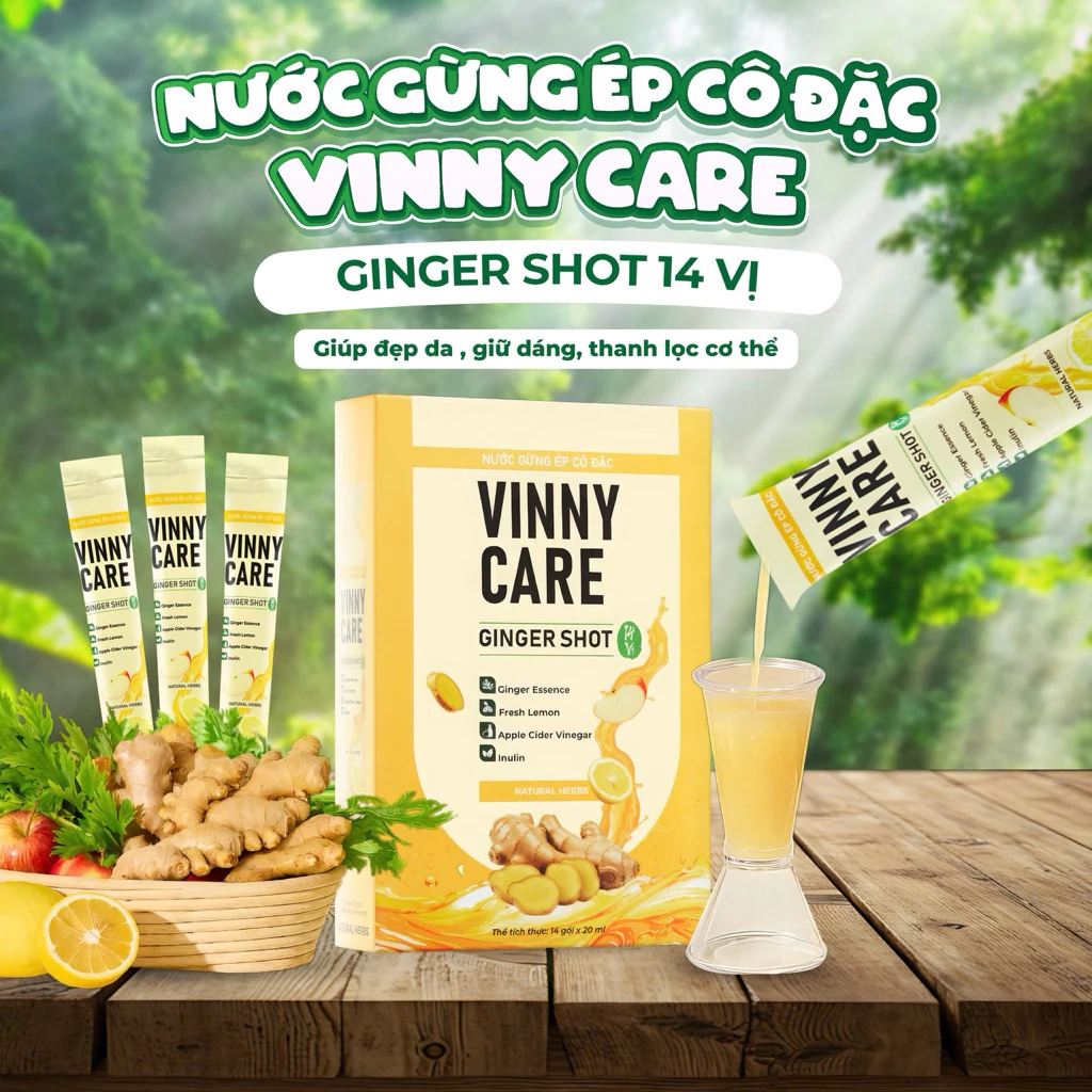 GINGER SHOT 14 vị - Nước gừng ép cô đặc VINNY CARE - Vị gừng tự nhiên kết hợp 14 loại thảo mộc rau củ -Hộp 14 gói x 20ml