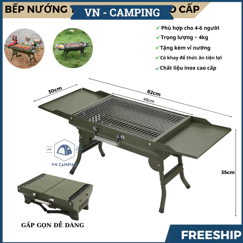Bếp nướng than hoa ngoài trời, Bếp nướng than không khói BBQ gấp gọn có quai xách đi camping